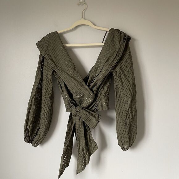 Maeve Anthropologie Crop Deep-V Blouse Waist Tie Green Women's Size 12 - Picture 4 of 13